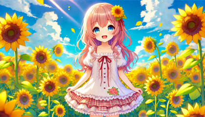 Cheerful Girl in Sunflower Field with Blooming Sunshine and Blue Sky Scene
