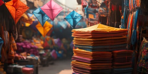 Obraz premium Vibrant Kites Await Flight: Colorful Kites Stacked High in a Bustling Marketplace, Ready for Sale