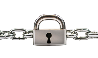 a padlock flanked by two straight chains sizes isolated on a transparent background