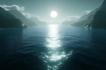 Serene moonlit ocean between mountains.