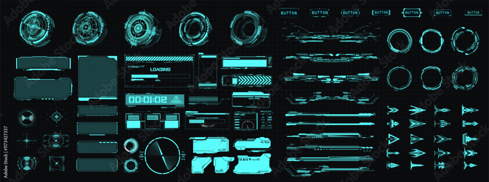 Leinwandbilder Cyan futuristic HUD interface kit with circular radars, loading screens, data bars, and stylized arrows on a tech grid. Perfect for sci-fi UI design or game projects. Vector illustration
