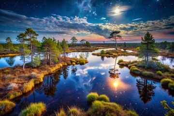 Fototapeta premium Night Photography: Belarusian Yelnyansky Wetland's Mystical Lakes & Bogs