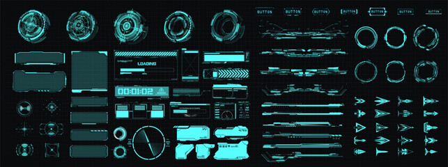 Cyan futuristic HUD interface kit with circular radars, loading screens, data bars, and stylized arrows on a tech grid. Perfect for sci-fi UI design or game projects. Vector illustration