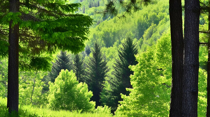 Lush green forest landscape, sunlight filtering through trees, hillside view, nature background for travel brochure.