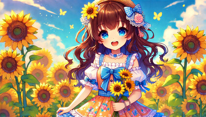 Cheerful Girl in Sunflower Field with Blooming Sunshine and Blue Sky Scene