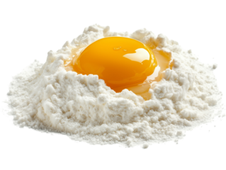 a egg yolk on top of flour against isolated on a transparent background