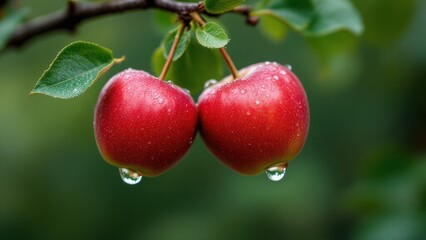 Obraz premium Hyper-realistic macro photography of two red apples hanging on a branch, covered in fresh dew drops glistening in soft morning light, with a blurred natural background