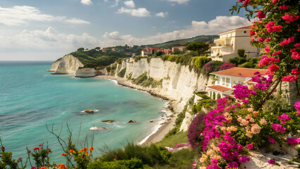Obraz premium Scenic Coastal Views with White Cliffs and Colorful Flowers