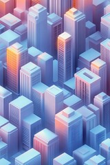 Fototapeta premium Aerial view of a futuristic cityscape with modern skyscrapers, showcasing geometric architecture and vibrant sunset colors.