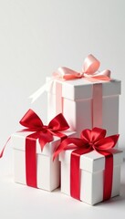 Obraz premium Multiple gifts adorned with vibrant red ribbons, pure white backdrop, background, decorative, wrapping