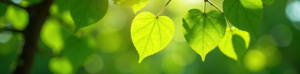 Obraz premium Large heart-shaped leaves on a young tree, sunlight dappled , design, light, growth