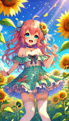 Cheerful Girl in Sunflower Field with Blooming Sunshine and Blue Sky Scene