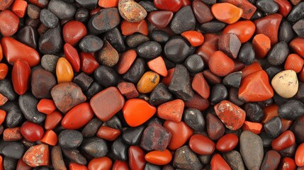 A vibrant collection of smooth red, black, and orange pebbles, showcasing natural textures and...