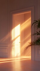 Warm sunlight casts long shadows through an open door, highlighting the minimalist elegance of a serene interior space.