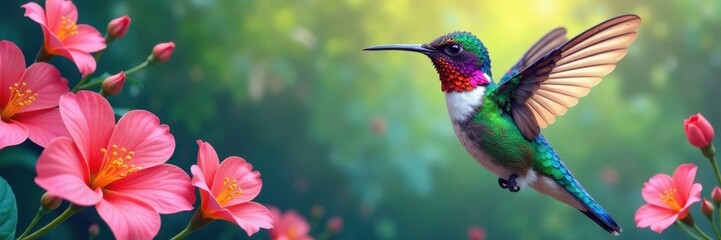 Fototapeta premium Colorful hummingbird amidst blooming flowers, vector illustration, image, bird