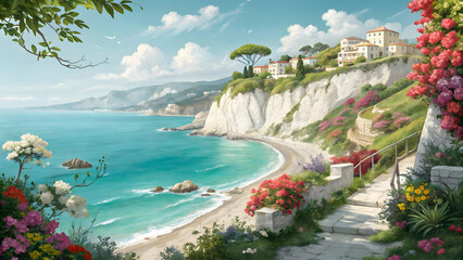 Serene Coastal View with Vibrant Flowers and Clear Blue Waters