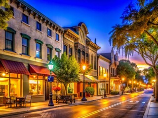 Fototapeta premium Night Photography: Ramona Street Architectural District, Palo Alto, California - Historic Buildings & City Lights
