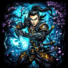 A warrior wielding a glowing sword amidst cherry blossoms, exuding power and mystique.