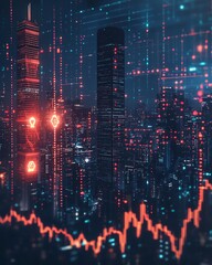 Night cityscape with digital world finance concept, double exposure, glowing charts, financial symbols, futuristic skyline, neon lights, global economy visualization