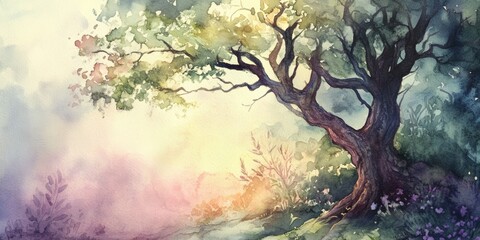 Fototapeta premium Experience the enchanting beauty of a whimsical watercolor painting featuring a luminous tree bathed in soft light, capturing the essence of nature's tranquility.