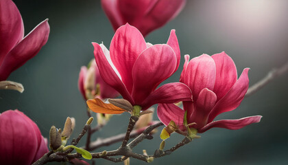 close up of red magnolia blooming on branches