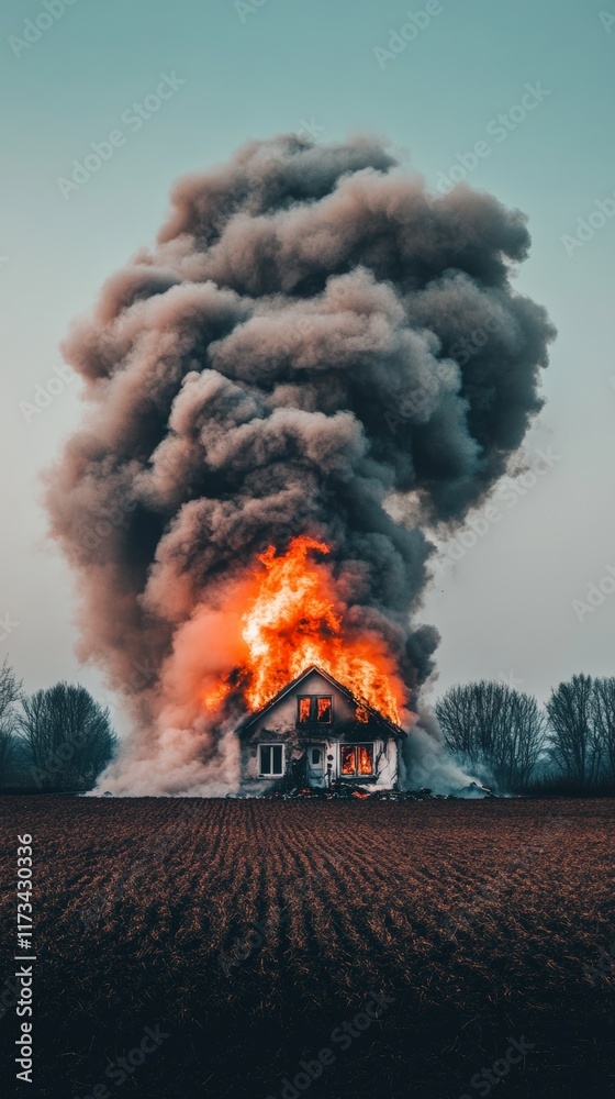 Poster devastating fire destroying a house in the countryside, producing a large column of smoke, creating 