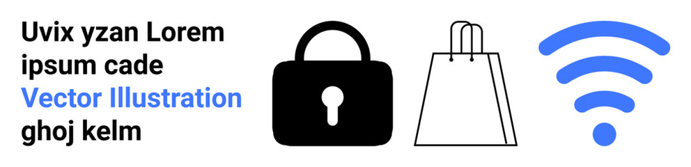 Key elements showcasing lock, shopping bag, and blue wireless icon. Ideal for online security, e-commerce, connectivity, internet services, digital transactions, secure browsing technology-related