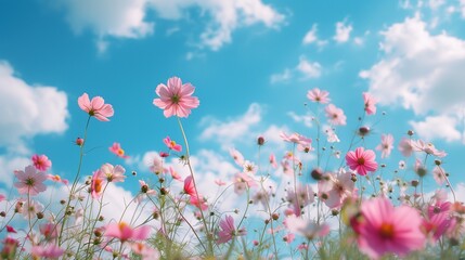 Spring flowers fly on a blue sky background. Beautiful pastel pink flower arrangement. Summer wallpaper.