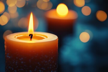 Glowing Candle Flame Creating Warm Atmosphere with Soft Bokeh Background for Relaxation, Meditation, and Peaceful Ambiance in Cozy Home Environment