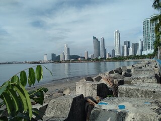 Panama City Bay, coastal strip, buildings with blue sky in the background