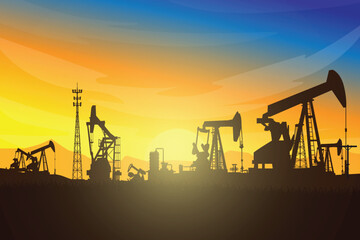 Oil pumpjack Vector, Silhouette of jack up drilling rig, illustration for background.