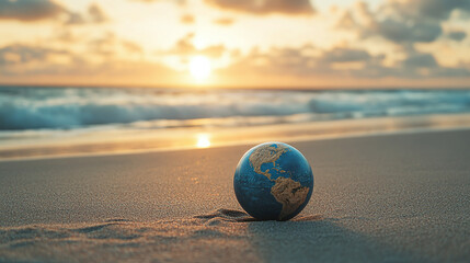 Closeup of blue planet earth globe on ocean sea sand beach, copy space. environment ecology on...