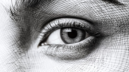 Closeup of human eye with polygon wire mesh around. futuristic technology and science, biometric security and protection, face identity scan, identification, focus, iris, cyber woman.