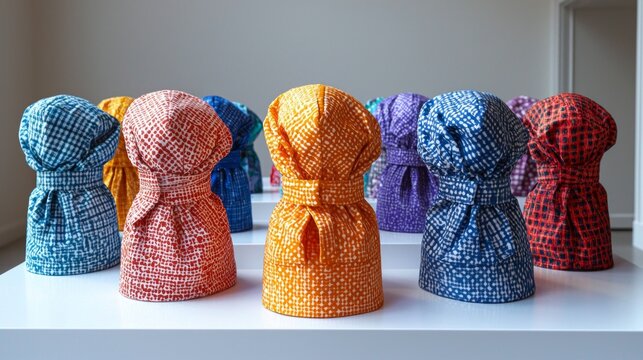 collection durable and washable scrub hats neatly arranged display stand. Vibrant colors and adjustable ties highlight their practicality healthcare workers focused sustainability.