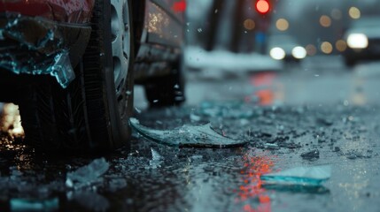 Close-up of a damaged car bumper with shattered glass on a wet road, depicting a car accident scene. Concept of vehicle collision, road safety, and emergency situations.