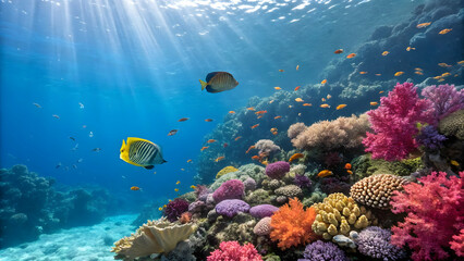 Obraz premium Vibrant Underwater Coral Reef with Colorful Fish Swimming Gracefully