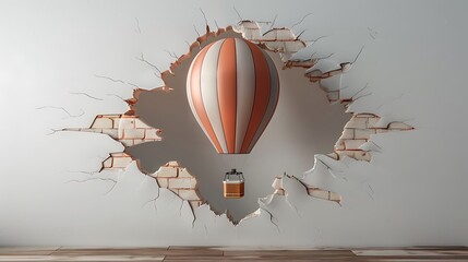 A 3D painting of a hot air balloon floating out of the wall, with a mockup at the center. full ultra hd, high resolution