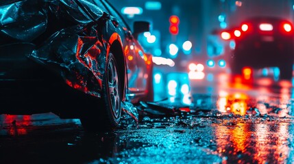 Close-up of a damaged car bumper with shattered glass on a wet road, depicting a car accident scene. Concept of vehicle collision, road safety, and emergency situations.
