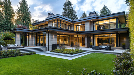 Fototapeta premium Luxury house or home mansion apartment backyard. outdoor exterior architecture, beautiful modern suburban residential real estate property, contemporary, lawn, garden, tree.