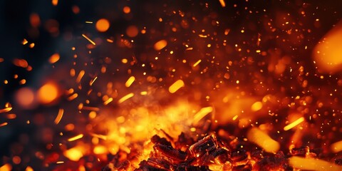 A dramatic close-up of fire sparks and glowing embers against a dark background