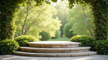 Serene Garden Archway with Lush Greenery and Steps Surrounded by Nature