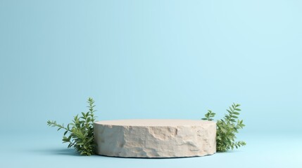 Minimalist Display Stand with Greenery on Soft Blue Background