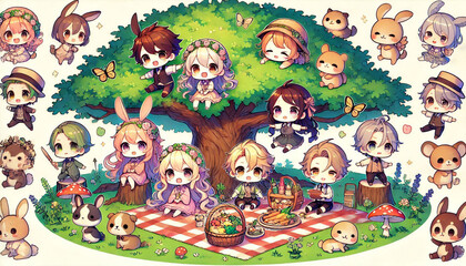 Charming Group Picnic With Adorable Characters Under a Shady Tree