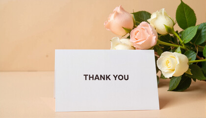 Thank you card with pink and white roses on beige background, International Thank You Day