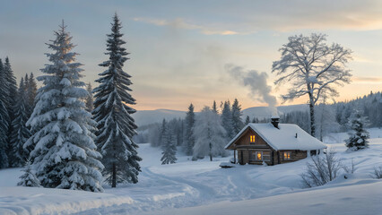 Snowy Cabin in Winter Landscape with Pine Trees and Smoke