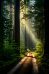 Fototapeta premium Sun-kissed Forest Path: A Lyrical Portrayal of Nature's Tranquility and Timelessness