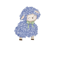 Watercolour illustration of sheep with wool like a hydrangea flower 