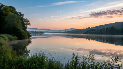 Fototapeta premium Serene Sunrise Over Tranquil Lake Surrounded by Lush Greenery
