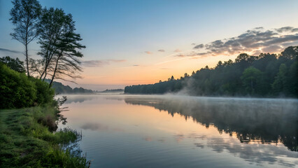 Fototapeta premium Serene Morning Landscape with Mist Over Calm Water and Trees