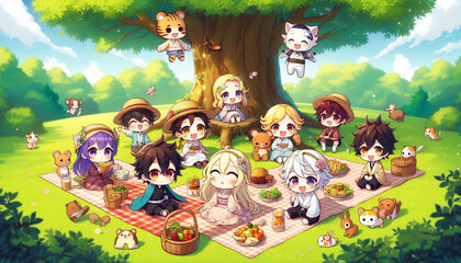 Charming Group Picnic With Adorable Characters Under a Shady Tree
